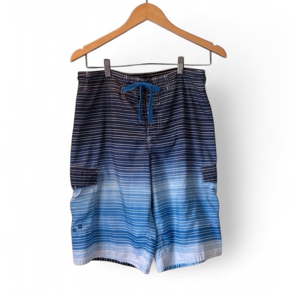 Hang Ten Striped Swim Trunks Ombre Blue‎ White Drawstring Closure Size M